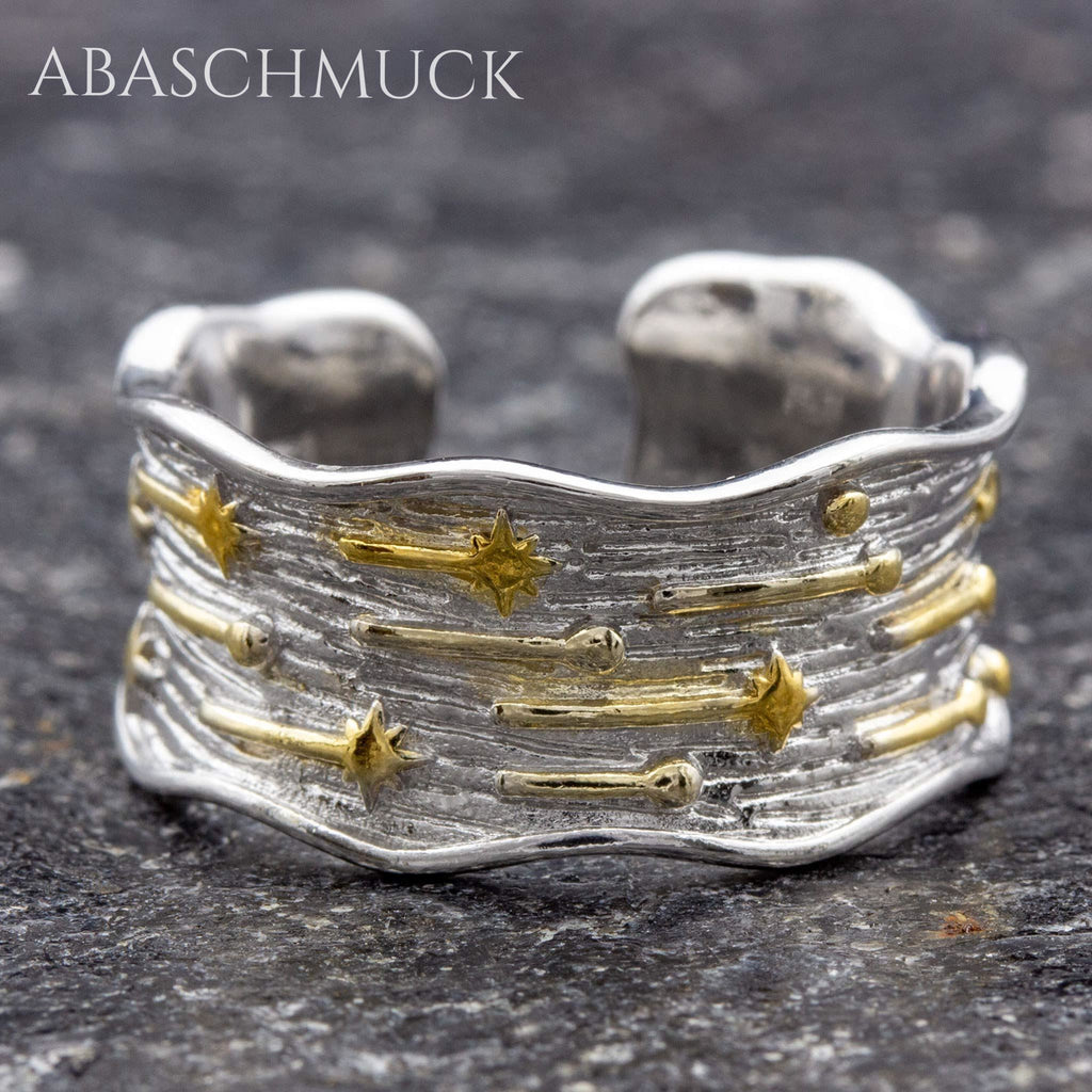 Verstellbarer Ring Silber 925 – strukturierter Bandring offen Silberring mit goldenen Sternen