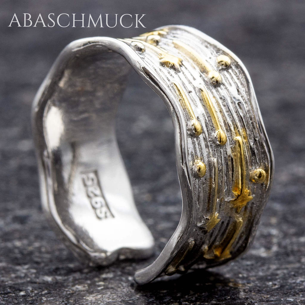 Verstellbarer Ring Silber 925 – strukturierter Bandring offen Silberring mit goldenen Sternen
