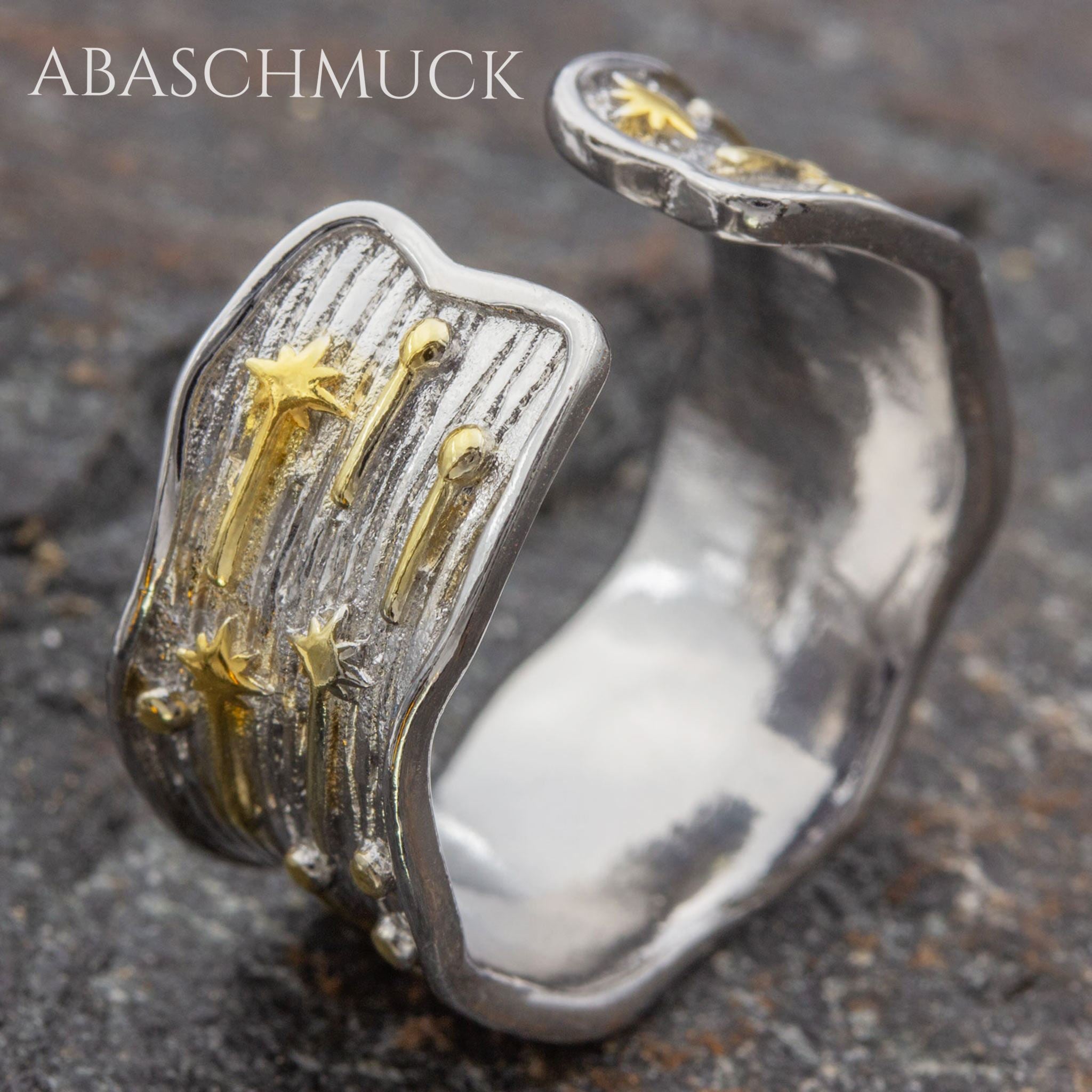 Verstellbarer Ring Silber 925 – strukturierter Bandring offen Silberring mit goldenen Sternen