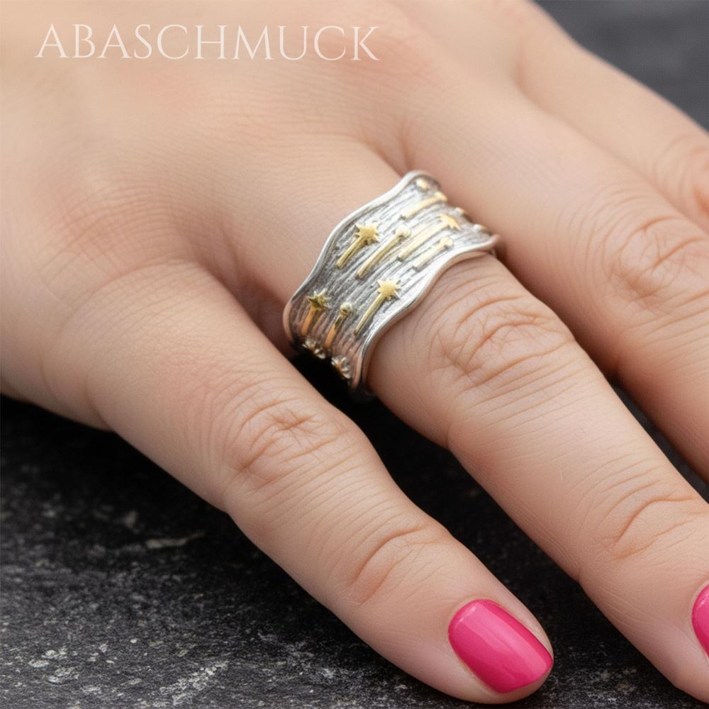 Verstellbarer Ring Silber 925 – strukturierter Bandring offen Silberring mit goldenen Sternen