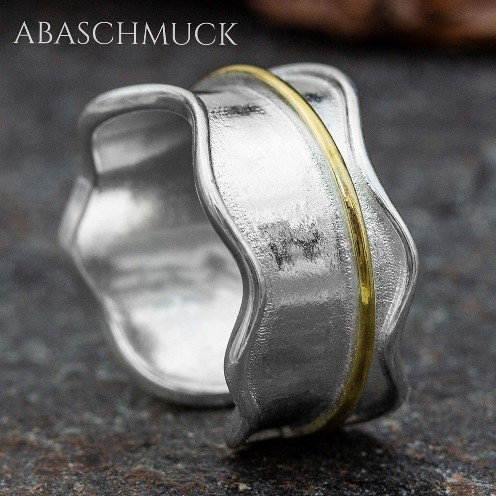 Verstellbarer Ring Silber 925 – eleganter Bandring offen Silberring mit goldener Linie