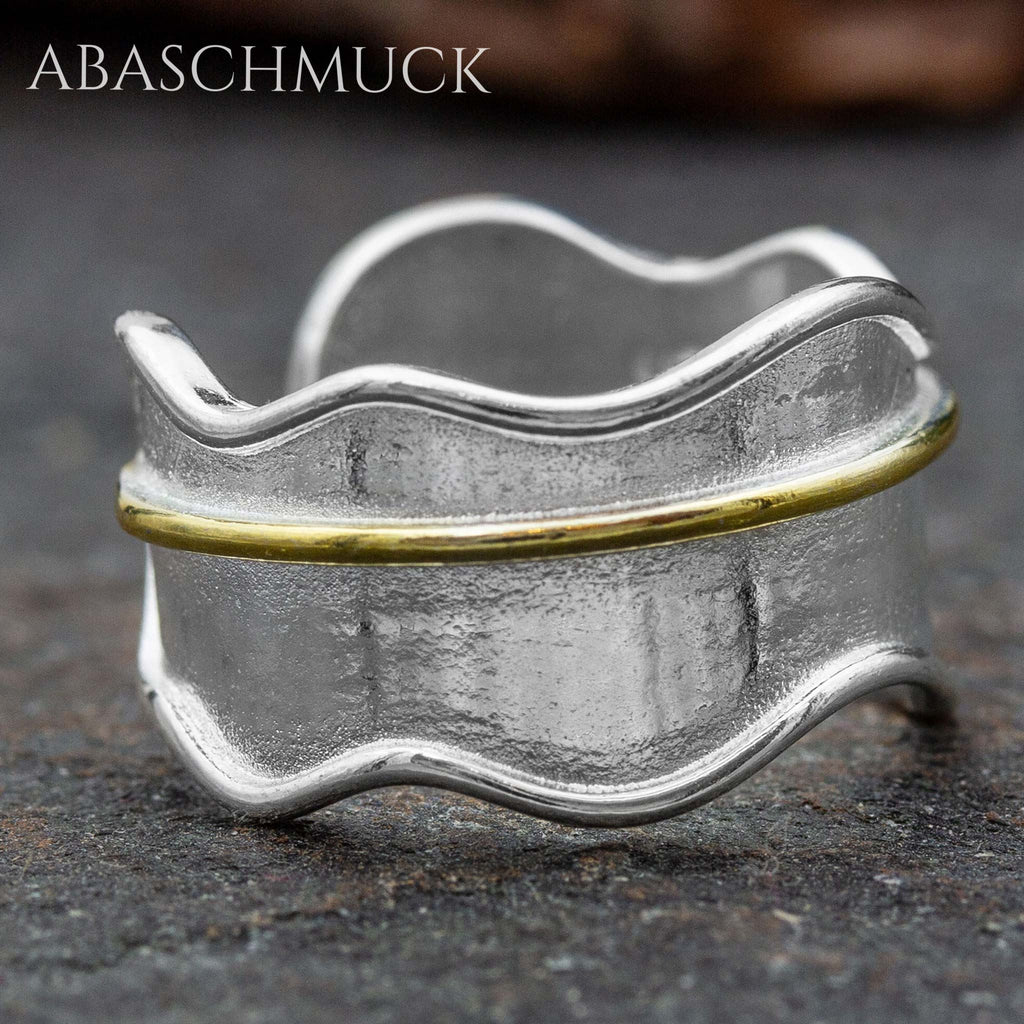 Verstellbarer Ring Silber 925 – eleganter Bandring offen Silberring mit goldener Linie