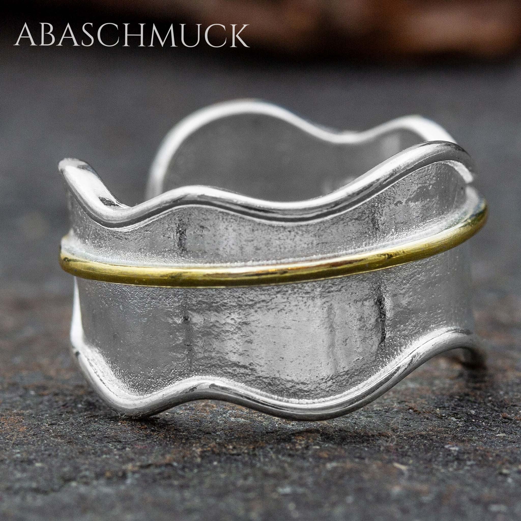 Verstellbarer Ring Silber 925 – eleganter Bandring offen Silberring mit goldener Linie