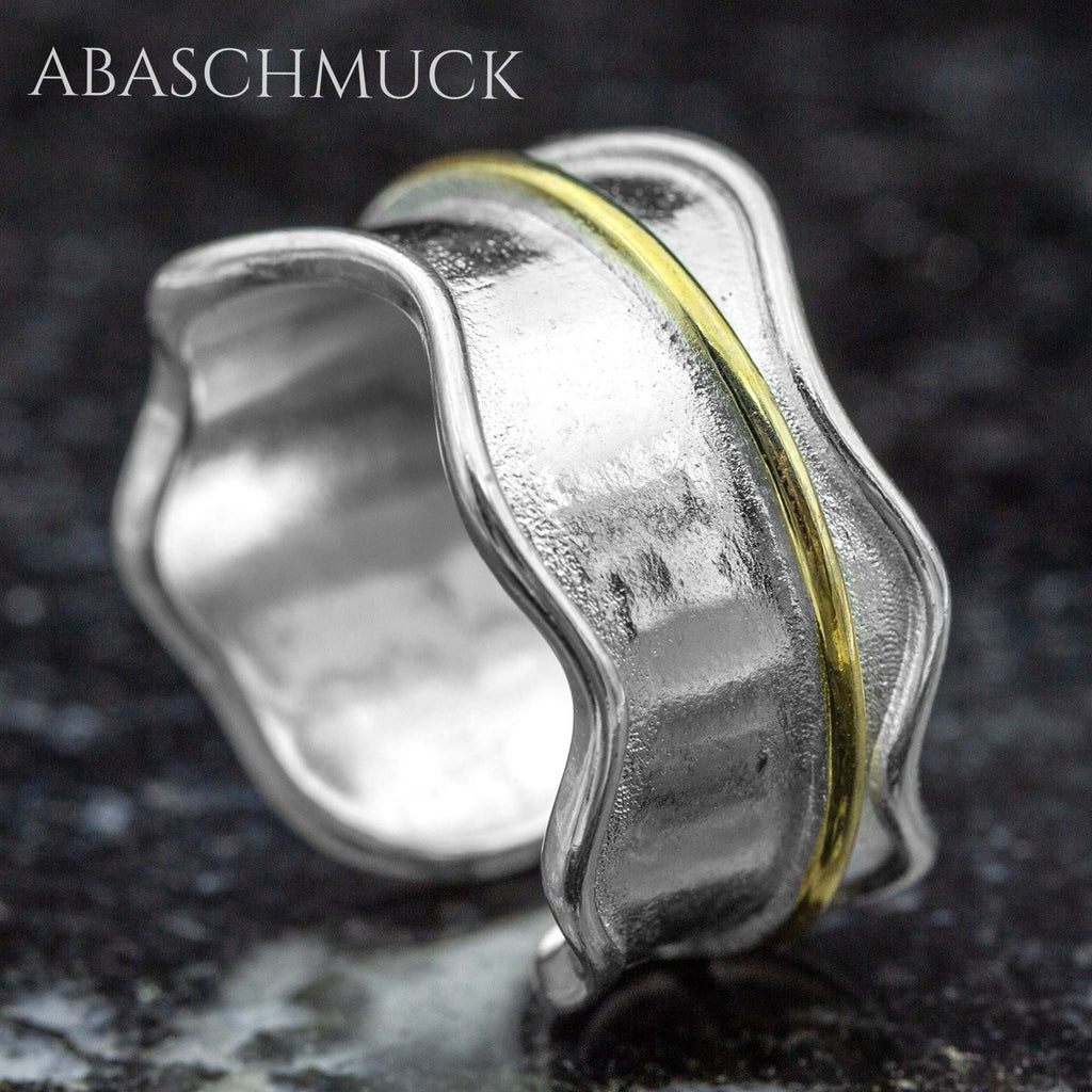 Verstellbarer Ring Silber 925 – eleganter Bandring offen Silberring mit goldener Linie