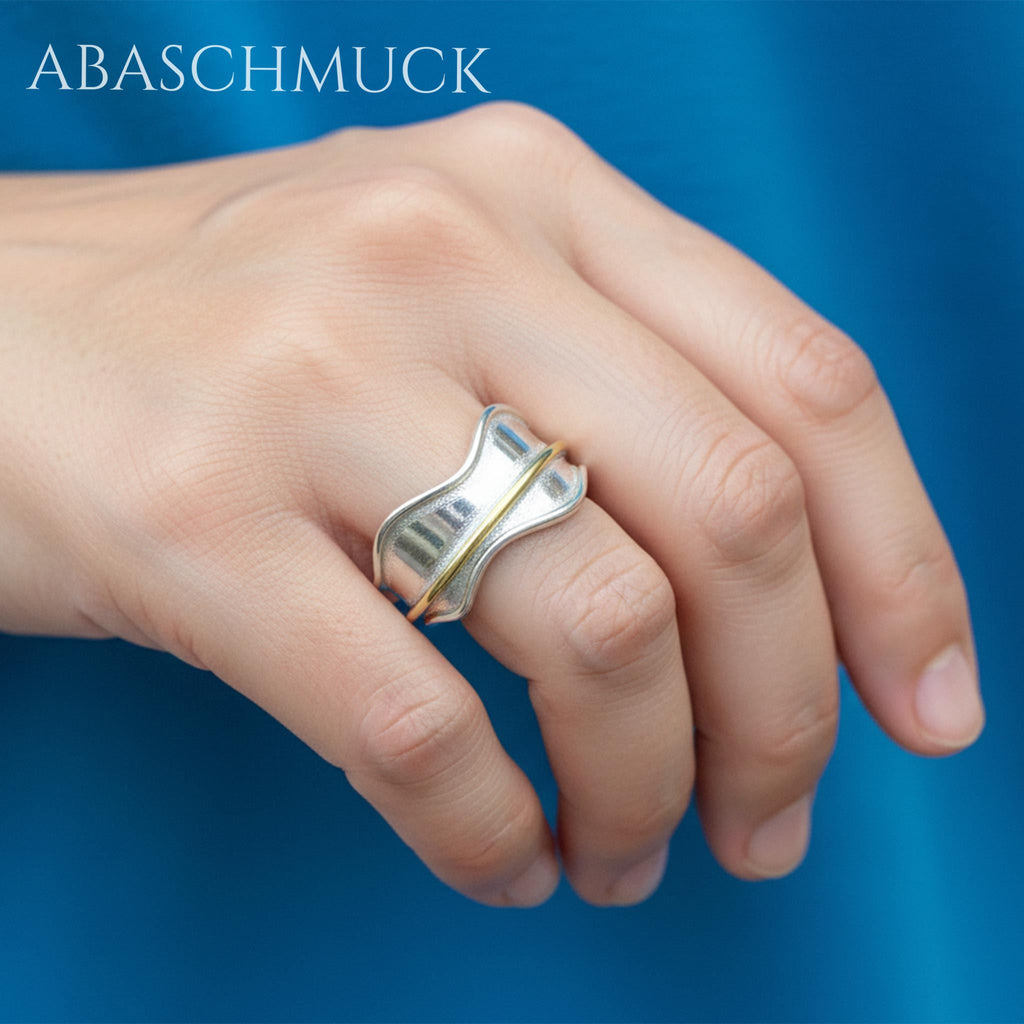 Verstellbarer Ring Silber 925 – eleganter Bandring offen Silberring mit goldener Linie