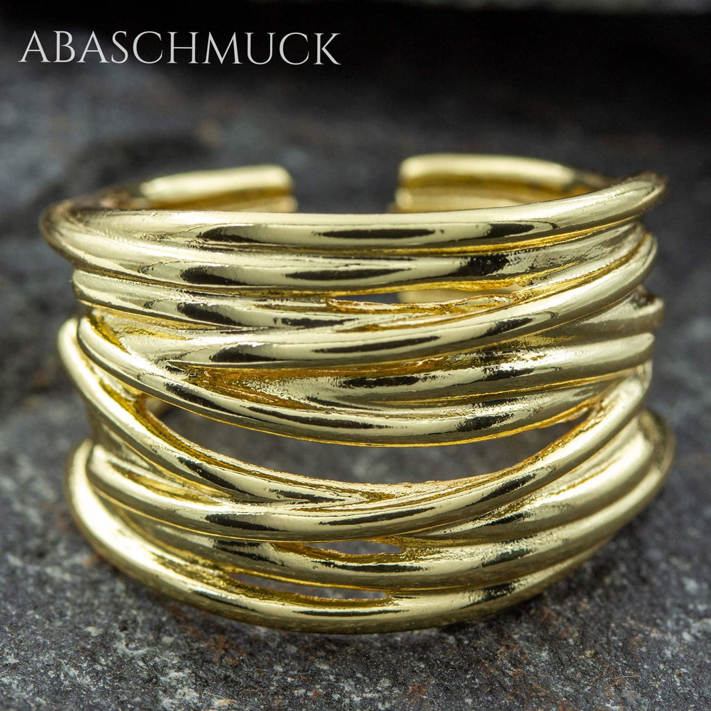 Verstellbarer Ring Silber 925 vergoldet – moderner Bandring offen Silberring mit Linienstruktur