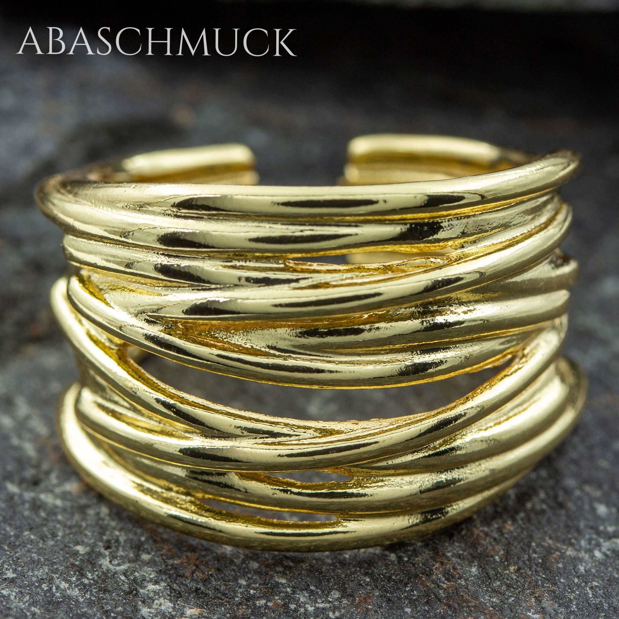 Verstellbarer Ring Silber 925 vergoldet – moderner Bandring offen Silberring mit Linienstruktur