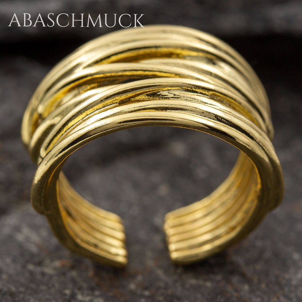 Verstellbarer Ring Silber 925 vergoldet – moderner Bandring offen Silberring mit Linienstruktur