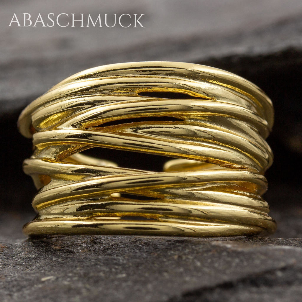 Verstellbarer Ring Silber 925 vergoldet – moderner Bandring offen Silberring mit Linienstruktur