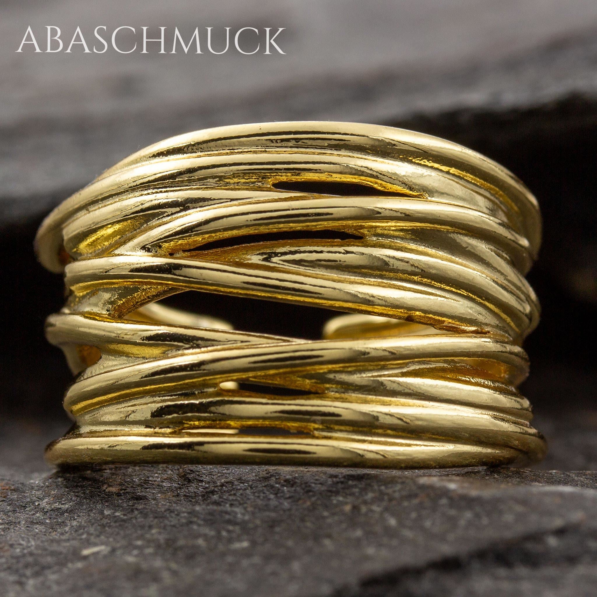 Verstellbarer Ring Silber 925 vergoldet – moderner Bandring offen Silberring mit Linienstruktur