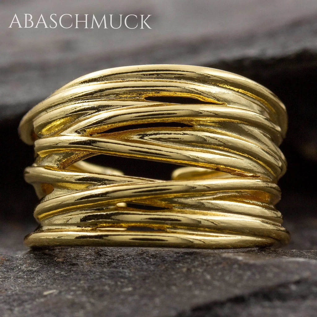 Verstellbarer Ring Silber 925 vergoldet – moderner Bandring offen Silberring mit Linienstruktur