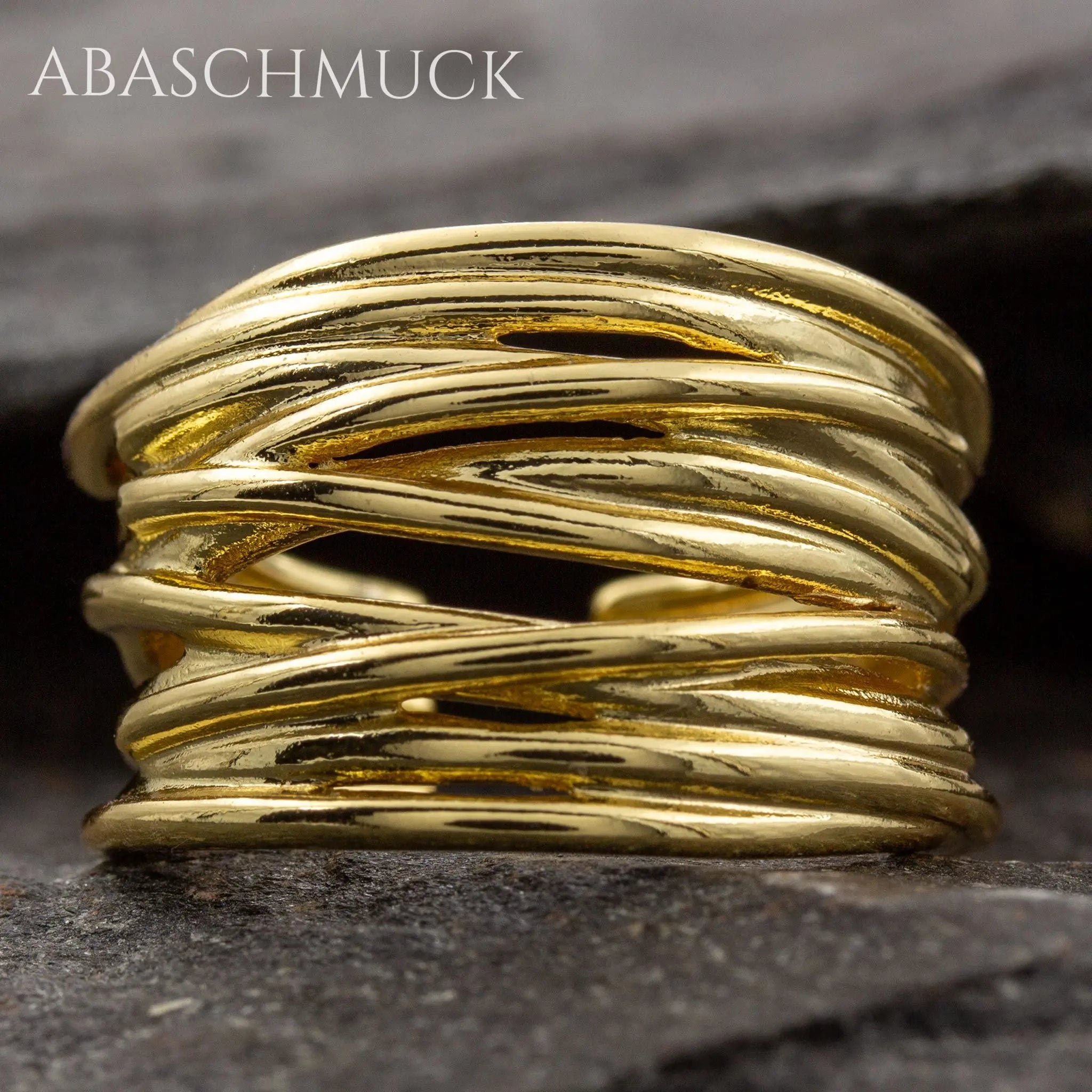 Verstellbarer Ring Silber 925 vergoldet – moderner Bandring offen Silberring mit Linienstruktur