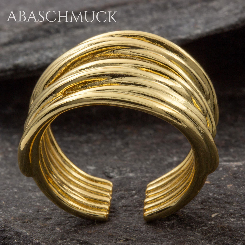 Verstellbarer Ring Silber 925 vergoldet – moderner Bandring offen Silberring mit Linienstruktur