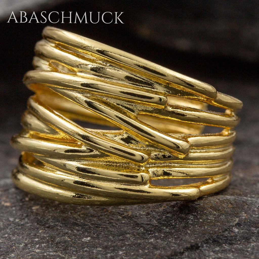 Verstellbarer Ring Silber 925 vergoldet – moderner Bandring offen Silberring mit Linienstruktur