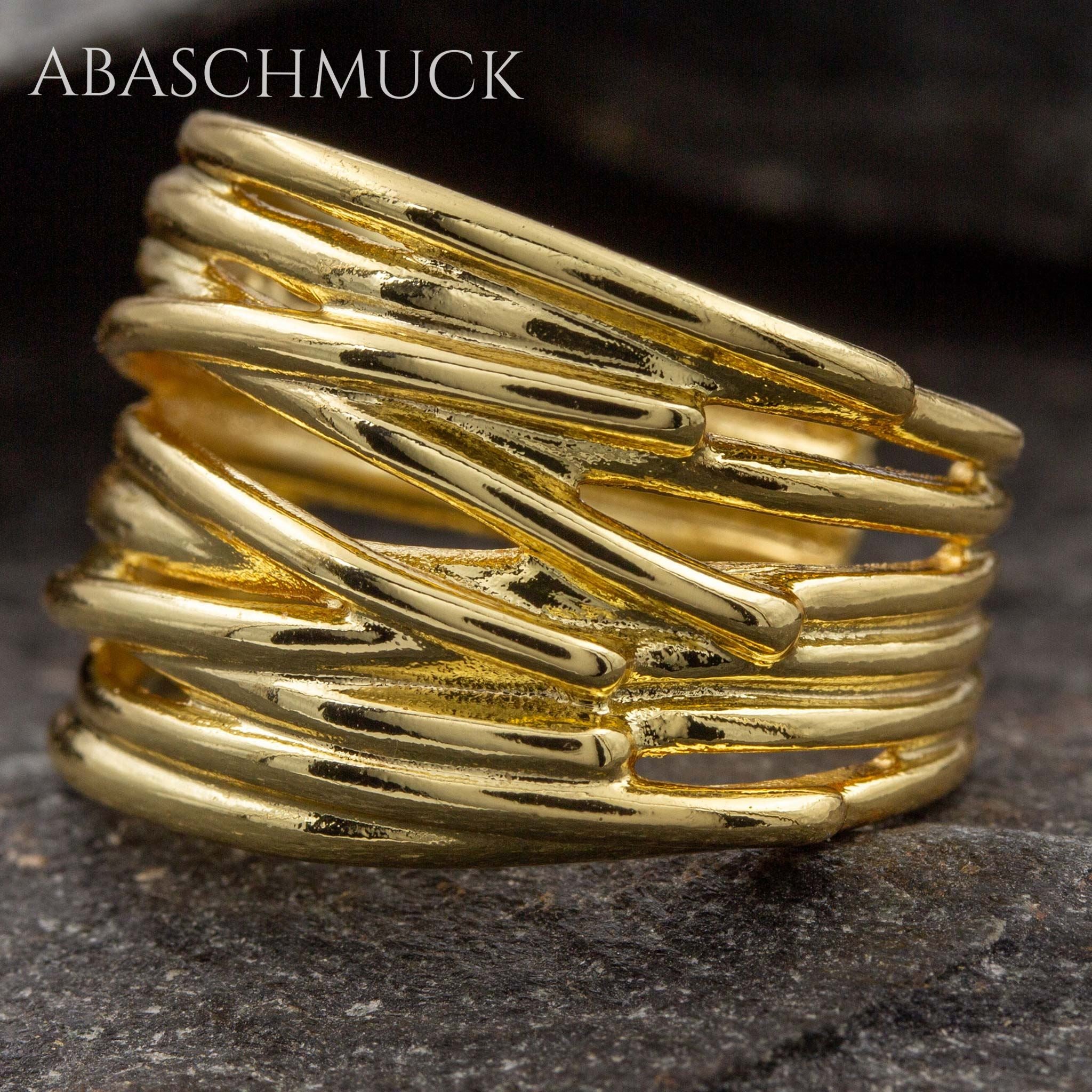 Verstellbarer Ring Silber 925 vergoldet – moderner Bandring offen Silberring mit Linienstruktur