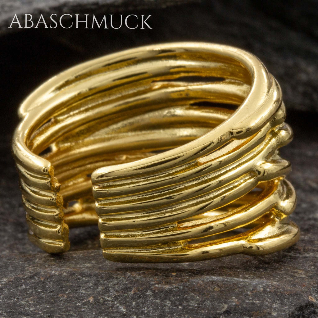 Verstellbarer Ring Silber 925 vergoldet – moderner Bandring offen Silberring mit Linienstruktur