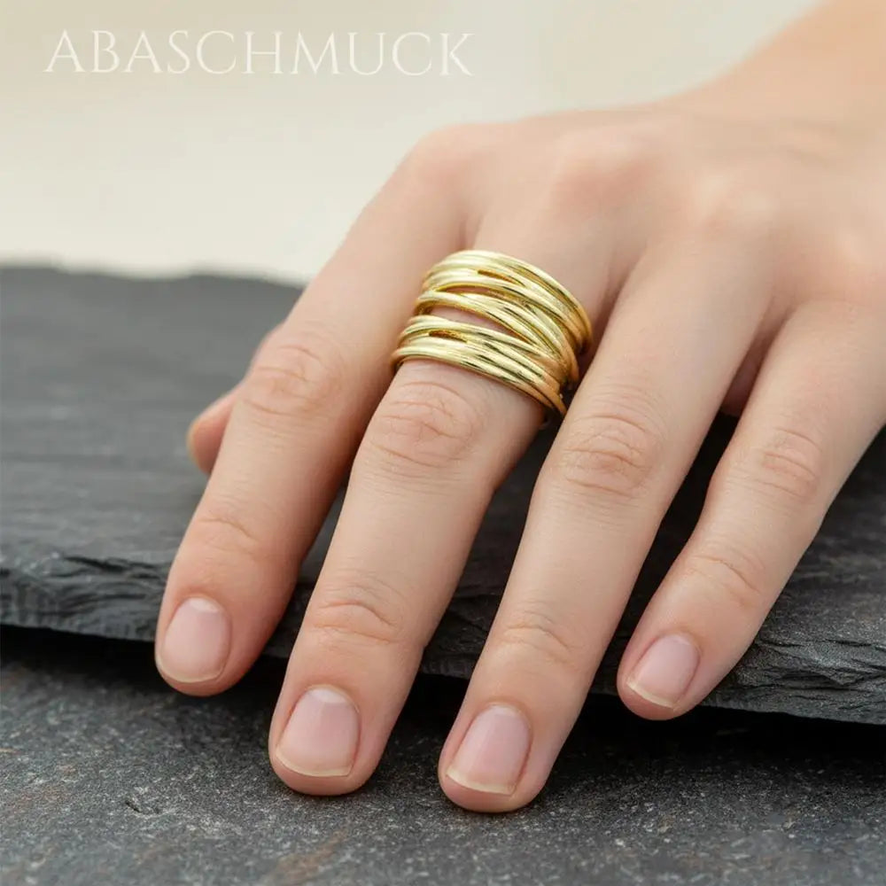 Verstellbarer Ring Silber 925 vergoldet – moderner Bandring offen Silberring mit Linienstruktur