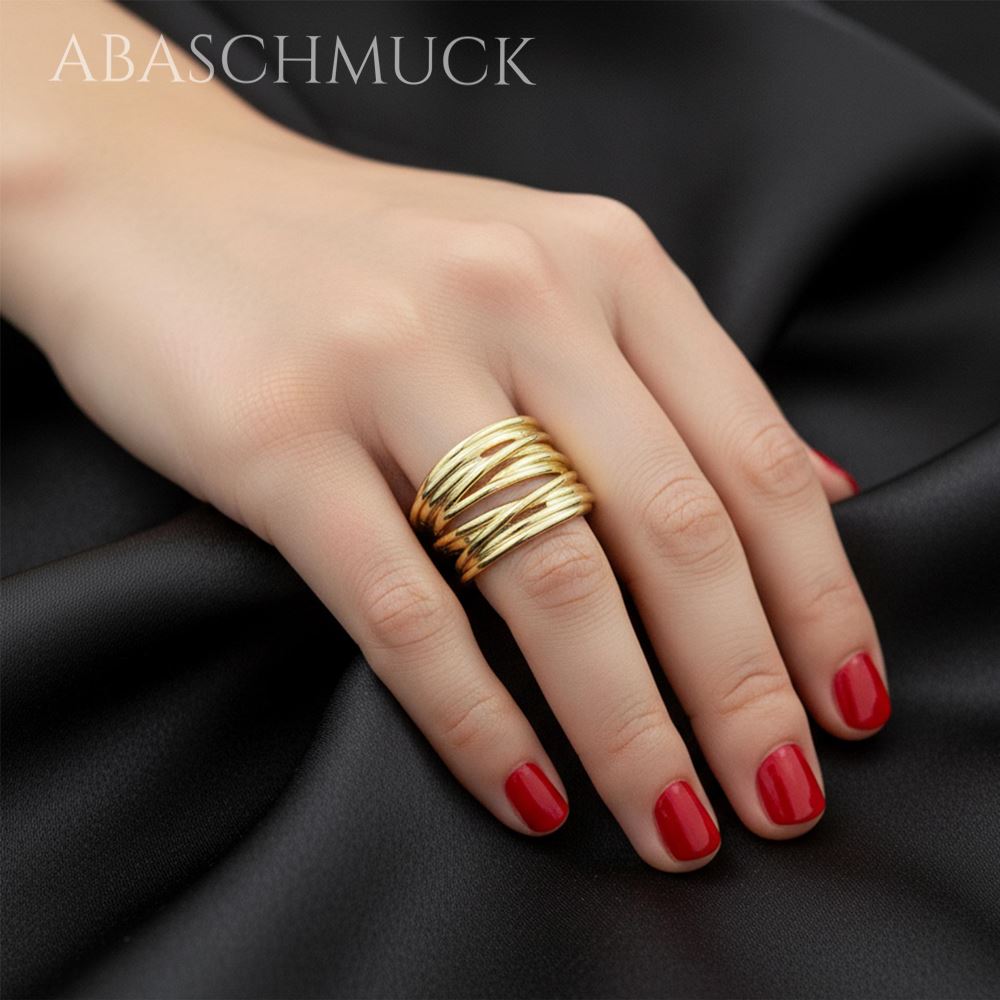 Verstellbarer Ring Silber 925 vergoldet – moderner Bandring offen Silberring mit Linienstruktur