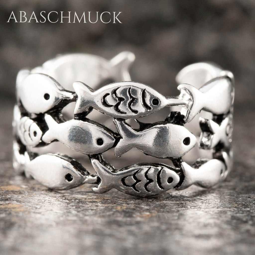 Verstellbarer Ring Bandring offen Silberring mit Fischmotiv – handgefertigter Schmuck